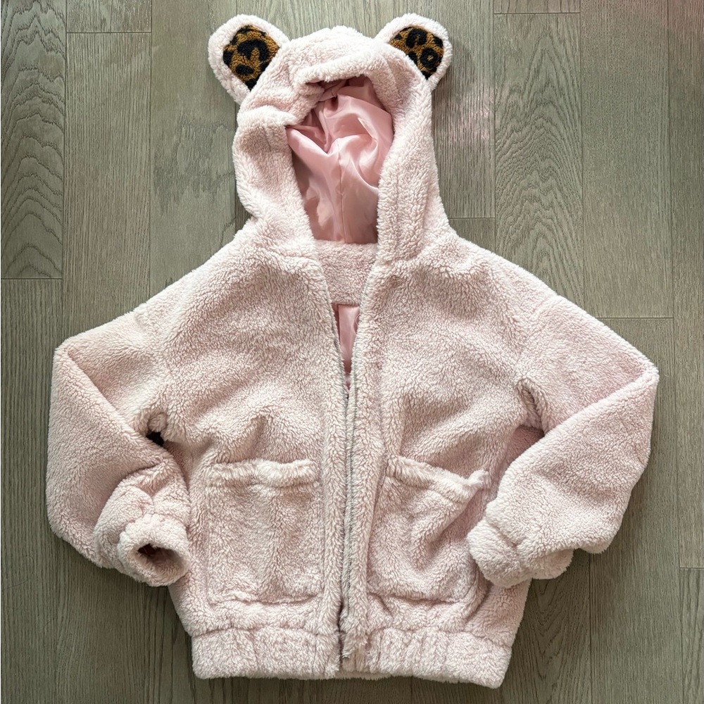 SHEIN Pink Fuzzy Hooded Jacket with Animal Ears